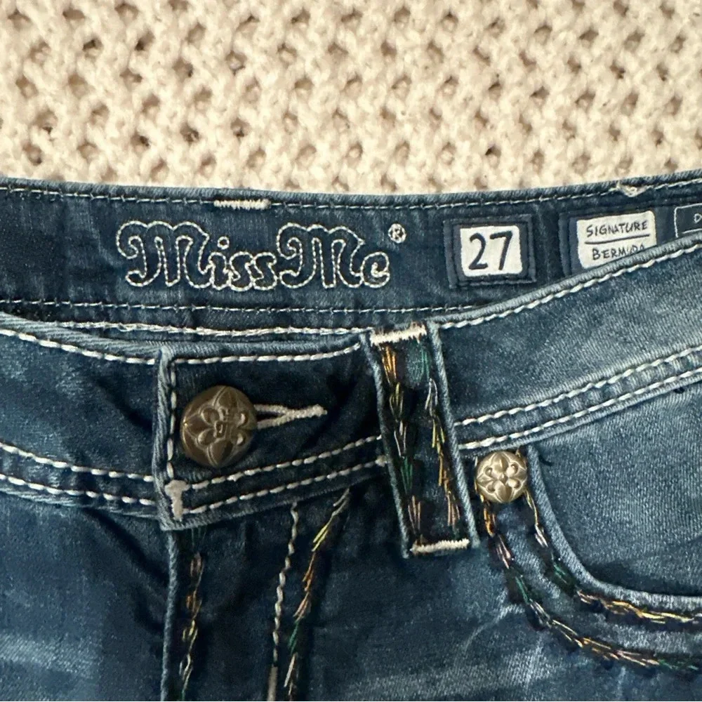Miss Me Women Cut Off Shorts sz 27 Blue Denim Bling Distressed used to be long